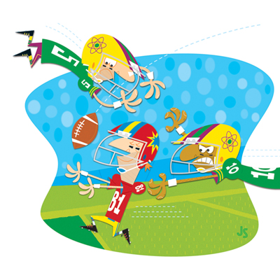 illustration of football, player, touchdown, score, sports, catch, wide receiver, run, NFL, defender, offense, greeting card