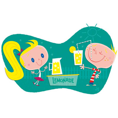 illustration of lemonade, stand, children, boy, girl, childhood, drink, beverage, fun, kids, cute, retro, digital, greeting card