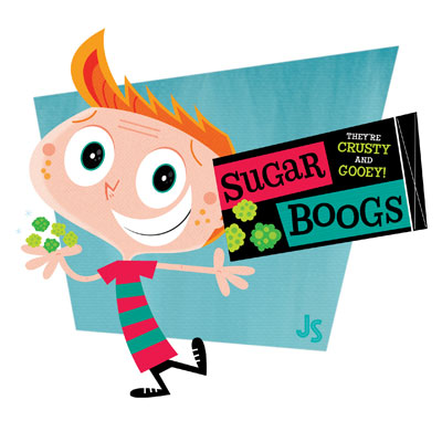 illustration of promo illustration for steckfigures, inc. candy, boogers, child, package design, product, children, boy, kids, food, retro, digital, greeting card