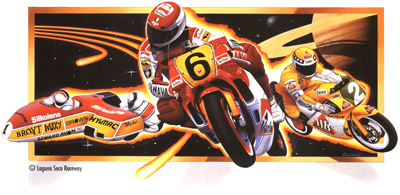illustration of Laguna Seca Raceway asked me to produce this race poster by for the Budwieser 500 open competition motorcycle races. It was a fun day with my camera shooting the entrants during the week before the race when they were running practice laps. Those big unlimiteds coming through the turns all out with nothing but a bale of hay between me and them was awe inspiring...and terrifying!