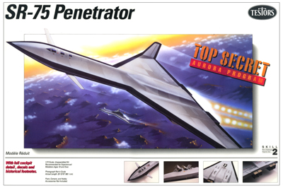 illustration of This full color art was commissioned by Testors Model Kits for their 1-72nd scale model of the SR-75 Penetrator stealth bomber. This aircraft was originally designed to piggyback a shuttle into near space launches.