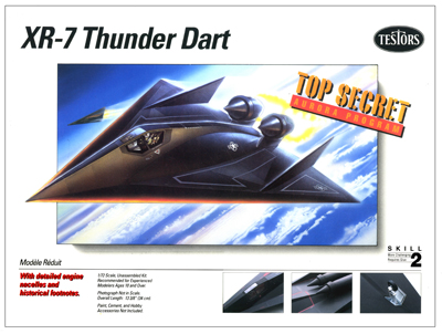 illustration of  Testors needed an Illustration to be done as a companion piece to the SR-71 Penetrator kit, the XR-7 Thunder Dart. The leading edges of the delta shaped wings had to be able to withstand very high atmosphere friction heat, hence the glowing edges.