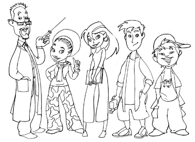 illustration of Here you see the result of character development for the KidFuel crew, including their science teacher/mentor.