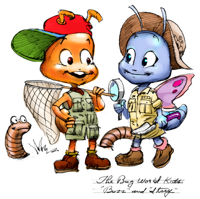 illustration of BugWorld Insectarium in Liverpool, England required some themed characters in this proposal: 'Buzz', a little ant boy, and 'Itsey', a little butterfly girl.