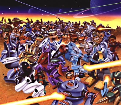 illustration of Having fun and getting paid for it! This one was a complete hoot. Galoob toys needed an all out, no holds barred brawl, featuring many of their BattleBots line. The illustration was used on the rear of all BattleBots boxes and blister packs.