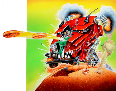 illustration of There's a bad moon arisin' when this trucks on the road. A nasty cross between Frankenstein's monster and Monster Truck rally, spitting flames and hurling deadly discs, it will make you want to stay home on those cold desert nights with a nice hot cocoa.