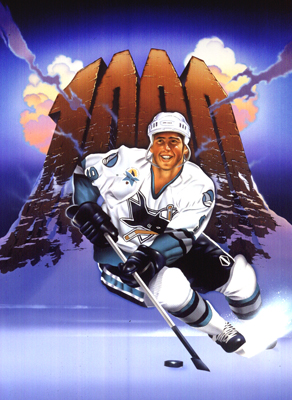 illustration of When Bernie Nicholls scored his 1,000th, the San Jose Sharks asked me to do the cover for their following program. I really loved working with the Shark's Matt Levine and the wonderful staff at the Sharktank in San Jose.