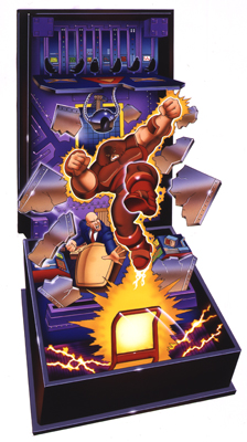 illustration of Here is another in the Xmen Series. These toys were fully contained in a small black box, which had moveable spring loaded parts. When the box was opened, it would play out a specific Scenario.