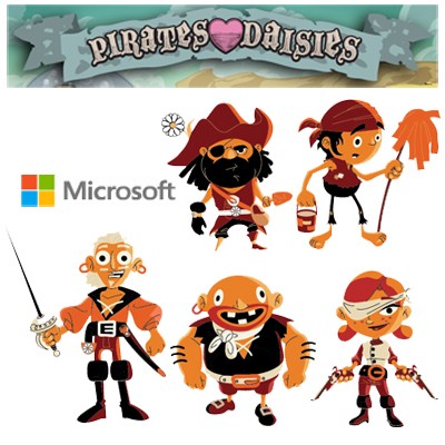 illustration of Pirates Love Daisies is an HTML 5 game created for Microsoft. Pulp Studios Inc. provided art direction, assistance in concept development, UI design and all artwork including in game animation. These are the pirates from the game.