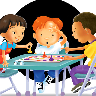 illustration of An illustration of three kids of different ethnic groups playing a boardgame.