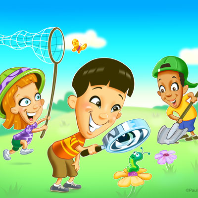 illustration of An illustration of three kids on a backyard safari.