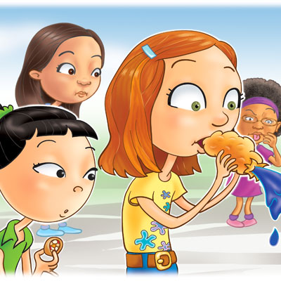 illustration of An illustration for Go! Magazine with eight year old girls of different ethnic groups who learn the benifits of good nutrition.