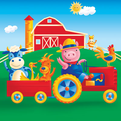 illustration of Farm animals out on a hay ride. A whimsical graphic illustration. Decorative suitable for party goods or decorative themes.