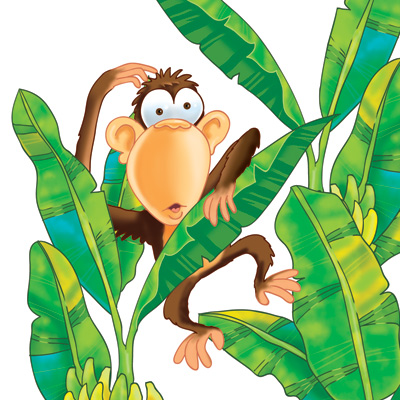 illustration of Chimpanzee in a banana tree. This was part of a Bananagram puzzle book. Chimp appears on the cover and interior of the book. 