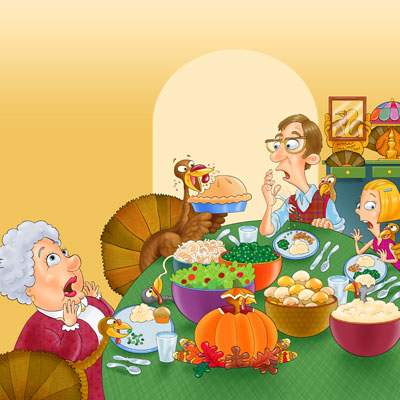 illustration of An illustration for a children's magazine. Find the 10 turkeys in the art. The turkeys join the feast rather than be the main course.