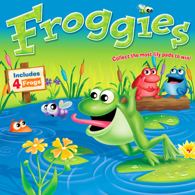 illustration of Froggies is a board game for young children. Frogs are matched by color. I designed and illustrated the lid art and logo as well as the game components.