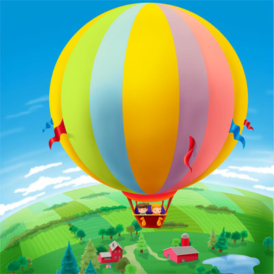 illustration of A magazine illustration of two kids in a hot air balloon fly over the country side of farms and fields in a bucolic scenic scene.