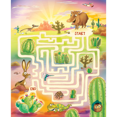 illustration of A maze through the desert that I created and illustrated for National Wildlife Federation children's magazine. Javelina must weave his way past cactus, tarantula spider, jack rabbit, hummingbird, owl, and gila monster to find the prickly pear.