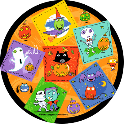 illustration of Halloween design we created for a party goods ensemble. Featuring monsters bats witch pumpkins skeleton mummy spider and candy corn in a bright whimsical design.