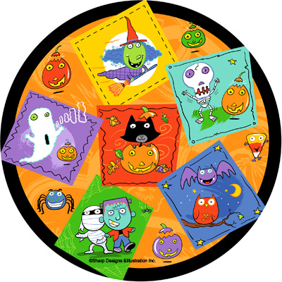 illustration of Halloween design we created for a party goods ensemble. Featuring monsters bats witch pumpkins skeleton mummy spider and candy corn in a bright whimsical design.