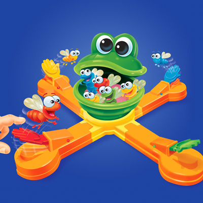 illustration of A realistic illustration of the product with whimsical characters added to show game play. This art was used for the box lid for the Mr. Mouth game.