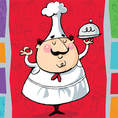 illustration of A jolly chef for a fancy restaurant hold a cover platter with a steaming gourmet meal.
Decorative vector art with a damask red on red background give this humorous illustration a sophisticated look.