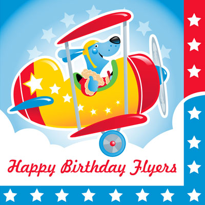 illustration of Part of a juvenile birthday ensemble. Dog and other animal pilots fly in biplanes through a patriotic themed design.