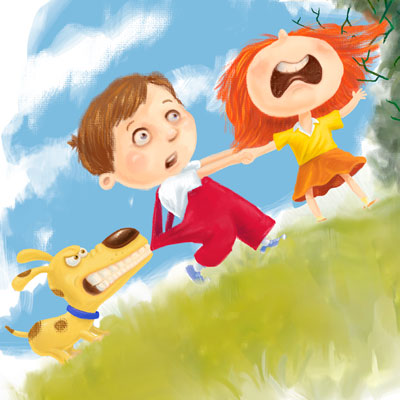 illustration of Illustration for a children's book. A boy and dog struggle to free his sister who's hair has been ensnared by a bush.