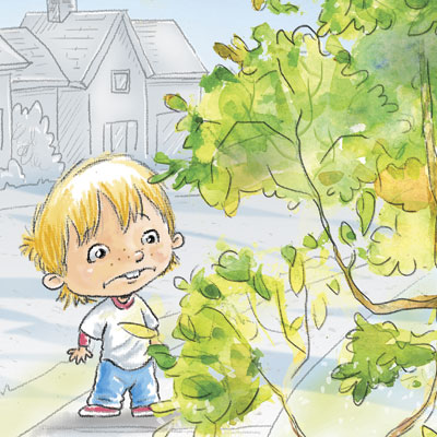 illustration of A mixed media of watercolor and digital combine to create this children's book illustration. A boy laerns that an overgrown bush is not as terrible as he thought.