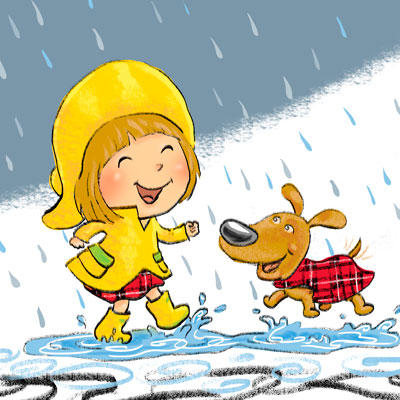 illustration of A digital pastel illustration of an early elementary aged girl splashing in puddles with her dog on a rainy day.