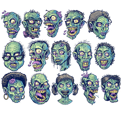 illustration of Illustrated zombie heads I created for a repeatable tile pattern for photoshop.  
I illustrated each zombie head with a lot of character and menacing horror with a bit of humor, colored in retro zombie green.  I designed the pattern for use primarily on apparel, but it can be used for a lot of other products.  I also plan on creating a sticker set with these.