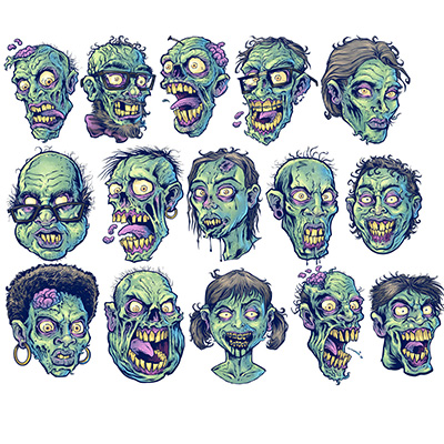 illustration of Illustrated zombie heads I created for a repeatable tile pattern for photoshop.  
I illustrated each zombie head with a lot of character and menacing horror with a bit of humor, colored in retro zombie green.  I designed the pattern for use primarily on apparel, but it can be used for a lot of other products.  I also plan on creating a sticker set with these.