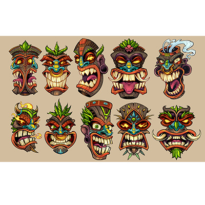 illustration of Angry Tiki head illustration I created for use in a beach resort themed repeatable pattern to be used in Photoshop for apparel.
I hand-drew each of the tiki heads separately, and colored them in Manga Studio, before arranging the repeating pattern in Adobe Illustrator.  I created this for my own use on apparel and other products I’m hoping to sell.
