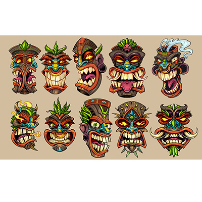 illustration of Angry Tiki head illustration I created for use in a beach resort themed repeatable pattern to be used in Photoshop for apparel.
I hand-drew each of the tiki heads separately, and colored them in Manga Studio, before arranging the repeating pattern in Adobe Illustrator.  I created this for my own use on apparel and other products I’m hoping to sell.
