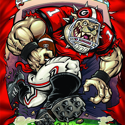 illustration of The Award-Winning marketing agency McCann of New York hired me to reinterpret the iconic Auburn and Georgia mascots in my own style for graphics that wrapped a massive Chick-fil-A pop-up restaurant on the Georgia/Alabama state line.