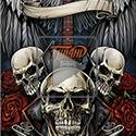 illustration of Apparel design I illustrated for the Gothic apparel brand Spiral Direct with plenty of skulls, roses, and a sweet heavy metal axe guitar.
The design was set up for full-color printing, front and back, and will be available in their catalogs soon.
