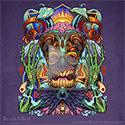 illustration of Trippy psychedelic and colorful illustration of an evil tiki mask with mushrooms growing out of his brain and visions of faraway places swirling in the background. 
