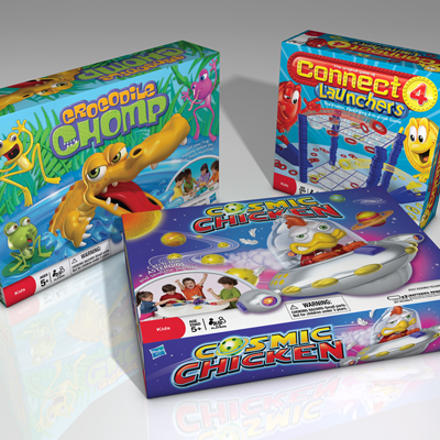 illustration of 3 different Hasbro Games featuring my illustrations.