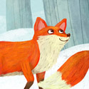 illustration of Foxes walking through a snowy wood with a bluebird.