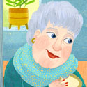 illustration of A boy eating peanut butter and jelly sandwiches with his grandma.