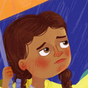 illustration of A girl with an orange umbrella in the rain with her dog.