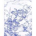illustration of Battle between a valiant knight and an axe wielding giant, drawn in blue pencil.