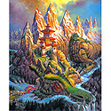 illustration of Jigsaw puzzle image of a huge, spine-backed dragon who has been asleep so long people have built on her slopes. Cover for Spider magazine