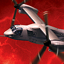illustration of The V-22 Osprey tilt-rotor flies through a storm.