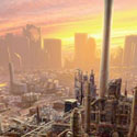 illustration of 2D Matte painting created in Photoshop with photographic and painted elements and effects, comped into the final scene for the movie 