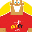 illustration of character spokesman for GitFit USA, athlete, weights, trainer, exercise, african american, weightlifter, muscles, gym, greeting card