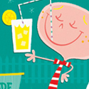 illustration of lemonade, stand, children, boy, girl, childhood, drink, beverage, fun, kids, cute, retro, digital, greeting card
