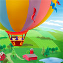 illustration of A magazine illustration of two kids in a hot air balloon fly over the country side of farms and fields in a bucolic scenic scene.