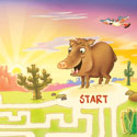 illustration of A maze through the desert that I created and illustrated for National Wildlife Federation children's magazine. Javelina must weave his way past cactus, tarantula spider, jack rabbit, hummingbird, owl, and gila monster to find the prickly pear.