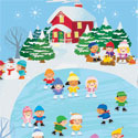 illustration of A winter holiday ice skating party where children skate while others build a snowman or sit by the fire and warm up with hot chocolate. A path leads to a cozy red victorian house.
A decorative cozy vector illustration.